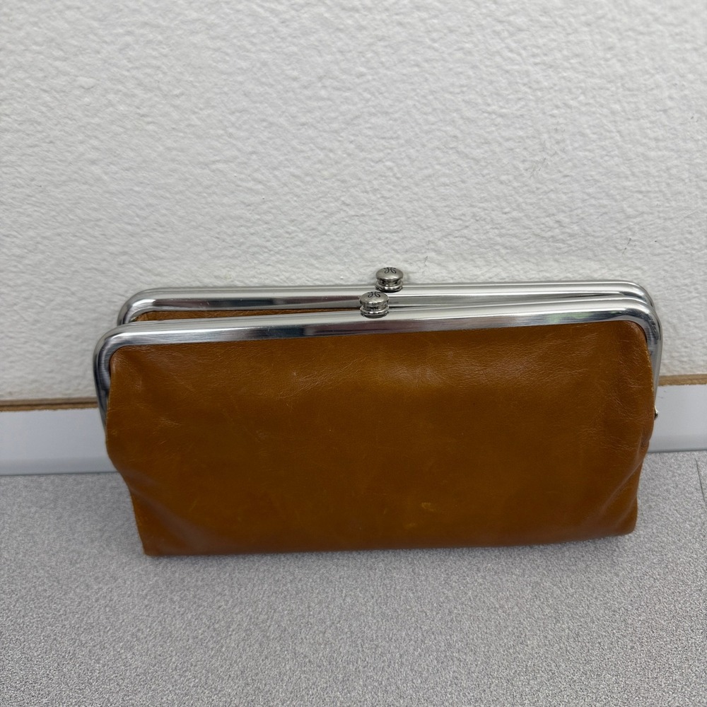 Hobo Lauren Wallet Womens OS Tan Brown Leather Double Frame Silver Clutch Cards - Picture 3 of 9